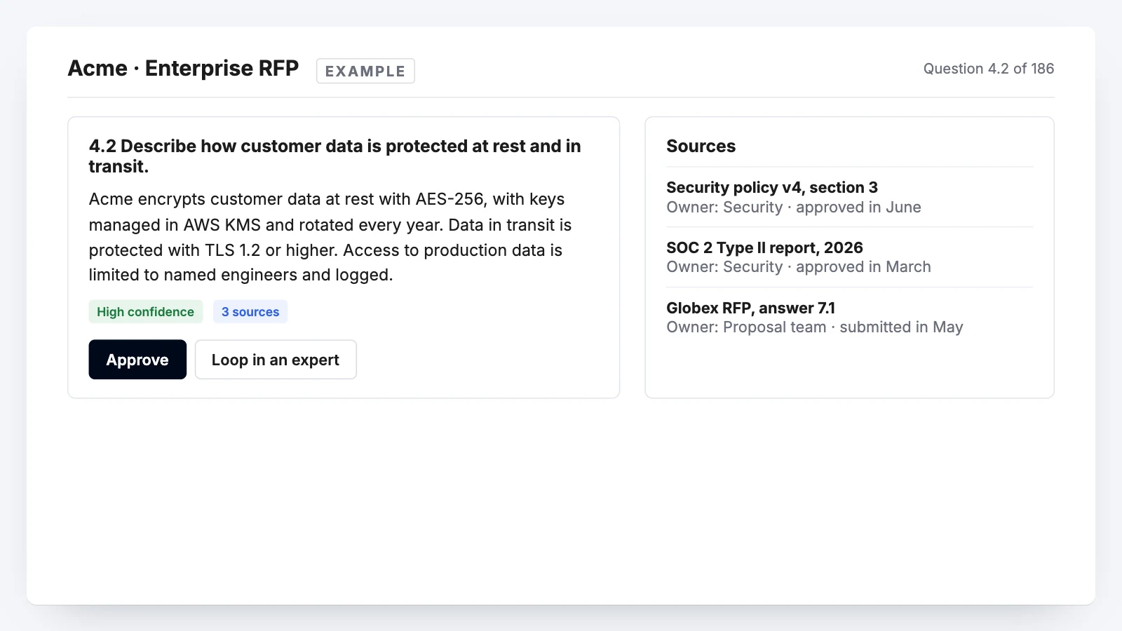 A drafted answer in Tribble alongside the source documents it was drafted from